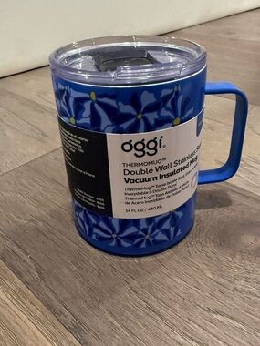 Oggi Blue Floral Double Wall Vacuum Insulated Mug with Handle